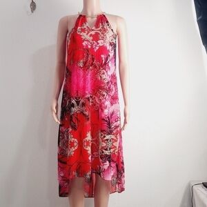 Jennifer Lopez Red Dress Sleeveless Chain Halter Print Hi Lo Hem Chiffon Sz: XS
